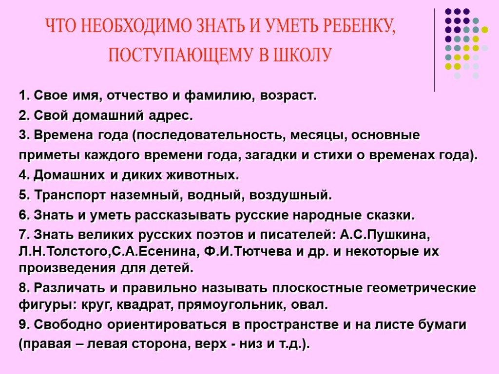 Что должен знать ребенок при поступлении в 1 класс по фгос презентация